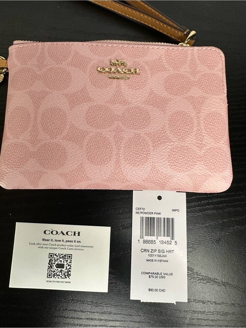 Coach Powder Pink Signature Corner Zip Wristlet with Gold Tea Flower Charm CEF72 - Picture 5 of 6